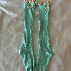 Boot Socks with Lace Ruffle and Buttons. Teal, One Size.